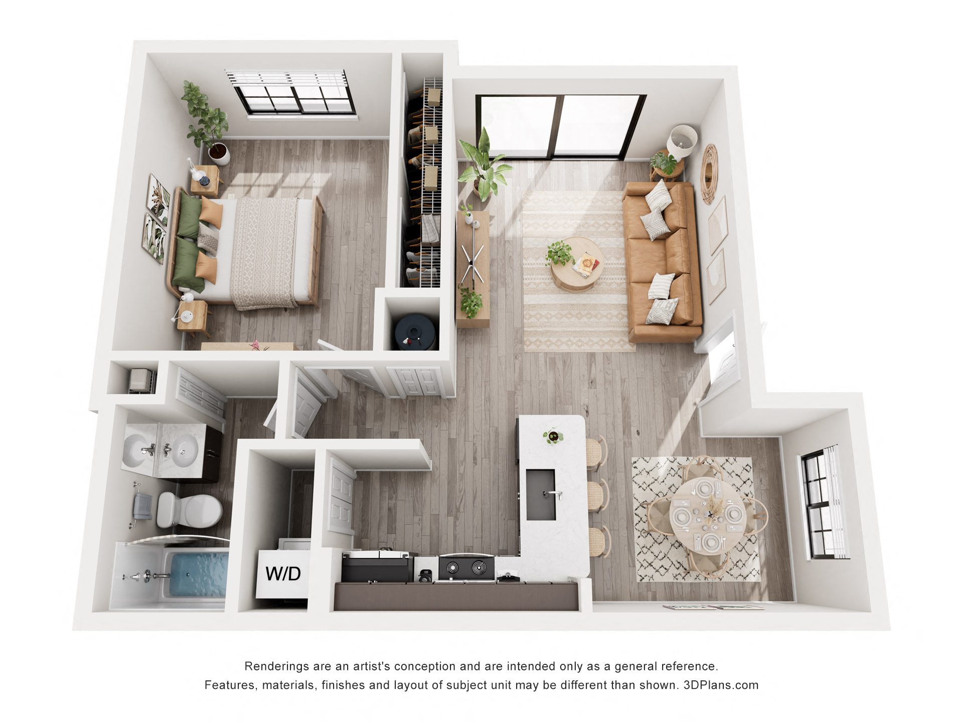 Floor plan for 1 bed, 1 bath, 702 sqft